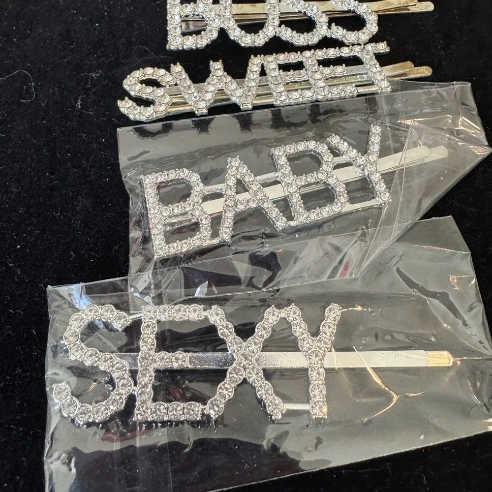 Set of 10 Silver Rhinestone Hair pins sexy queen miss boss sweet baby Lucky